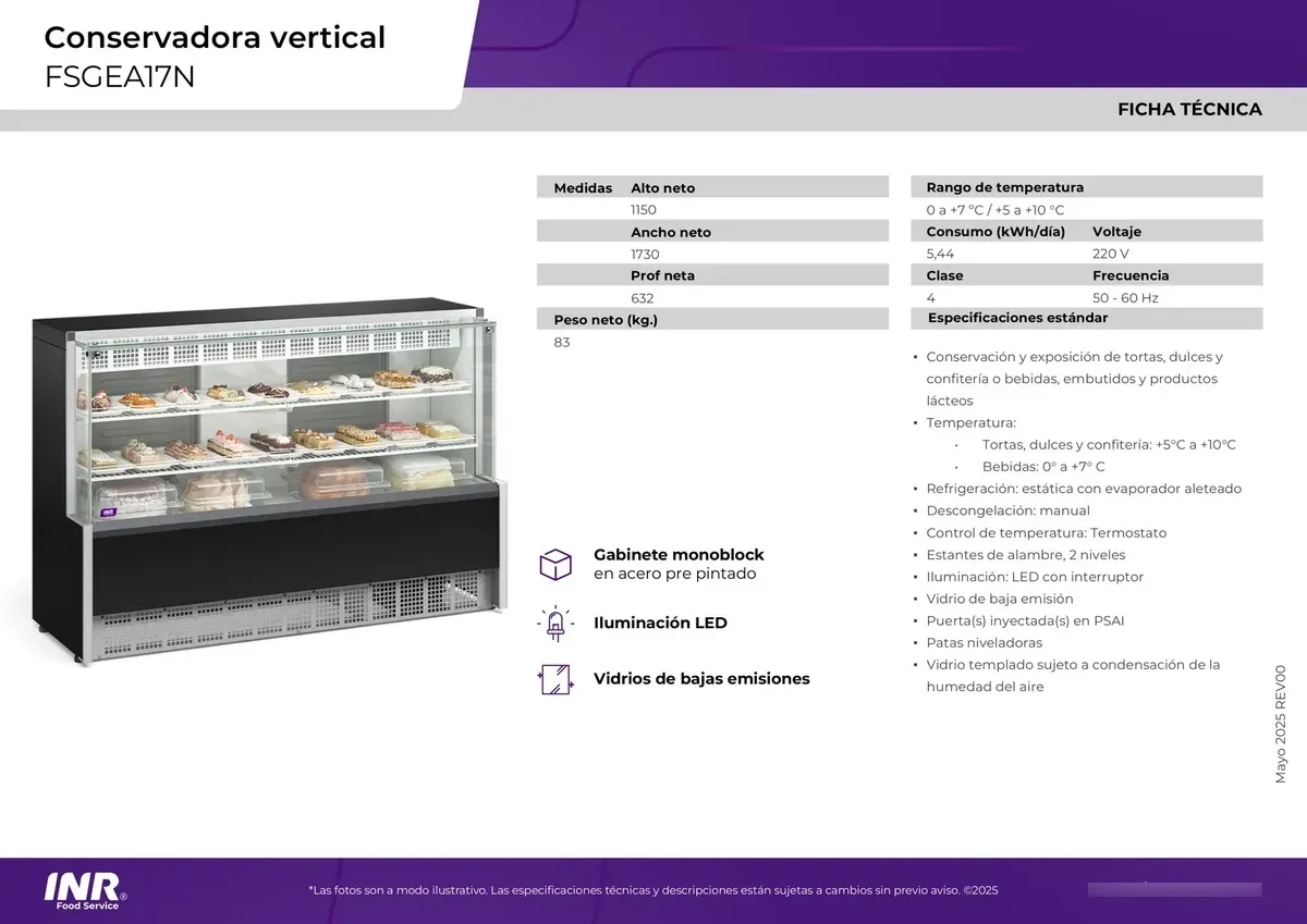 Vitrina Refrigerada INR 1,75m Frío Estático Repostería - Image 2